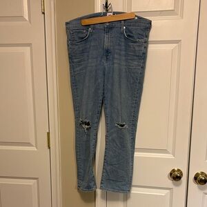 Edwin Women's Light Blue Straight Legged Cropped Jeans with Knee Distress